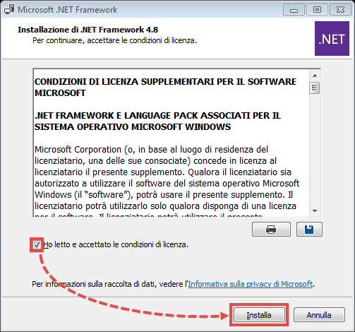 Installazione di Microsoft .Net Framework