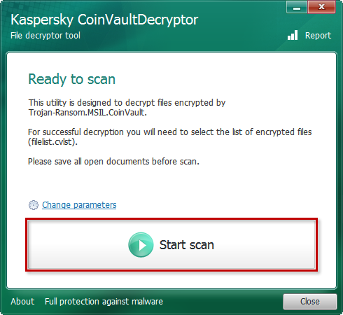 Avvio di una scansione nello strumento Kaspersky CoinVaultDecryptor.