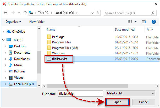 Definizione del percorso del file filelist.cvlst durante la scansione nello strumento Kaspersky CoinVaultDecryptor.