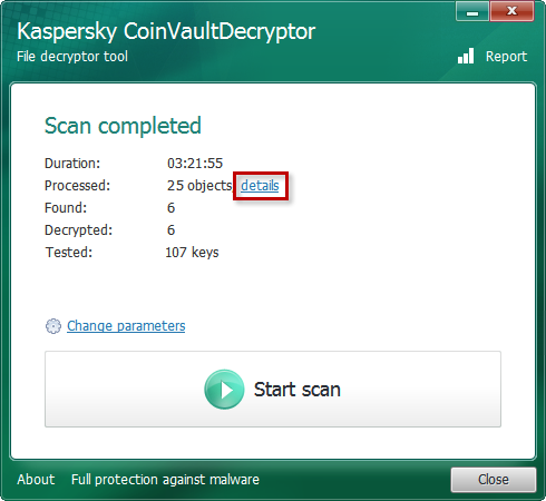 Visualizzazione dei dettagli di scansione in Kaspersky CoinVaultDecryptor.