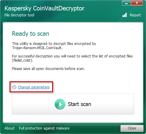 Modifica dei parametri di scansione nello strumento Kaspersky CoinVaultDecryptor.