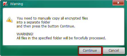 Proseguimento della scansione dopo l'avviso in Kaspersky CoinVaultDecryptor.