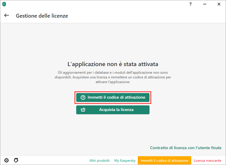 Reimmissione del codice di attivazione in un'applicazione Kaspersky.