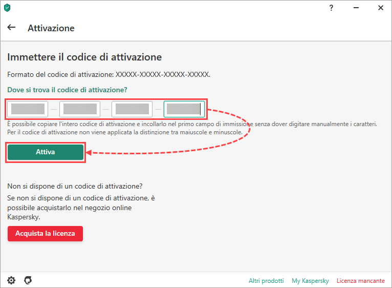 Finestra Attivazione in un'applicazione Kaspersky.