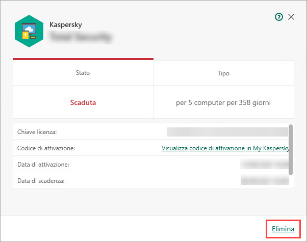 Rimozione della chiave di licenza da un'applicazione Kaspersky