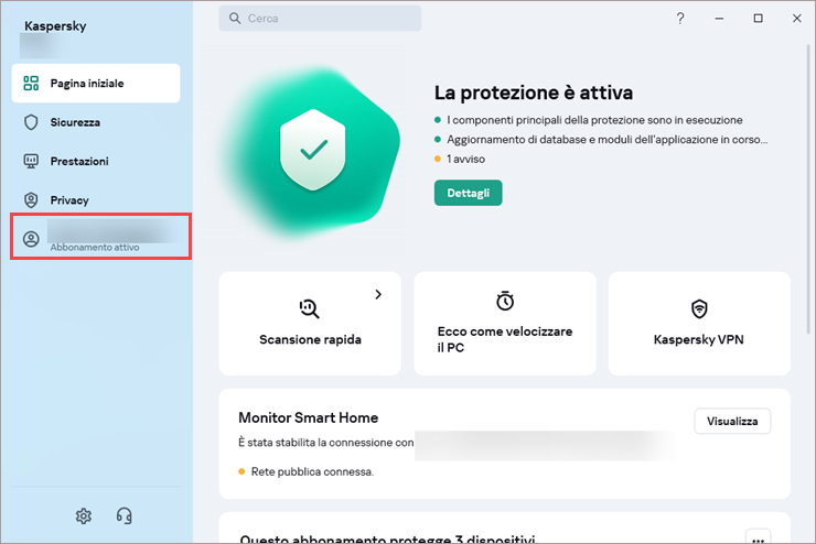 Apertura della finestra Profilo in un'applicazione Kaspersky.