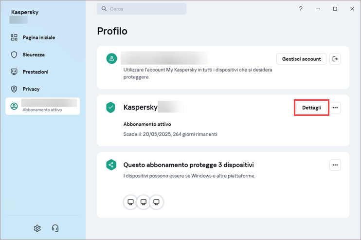 Apertura della finestra Dettagli dell'abbonamento in un'applicazione Kaspersky.