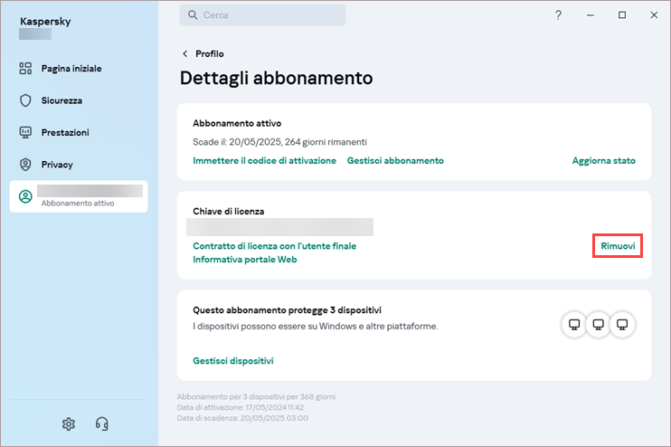 Rimozione della chiave di licenza da un'applicazione Kaspersky.