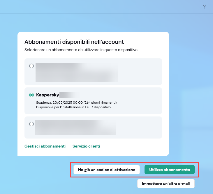 Reimmissione del codice di attivazione in un'applicazione Kaspersky.