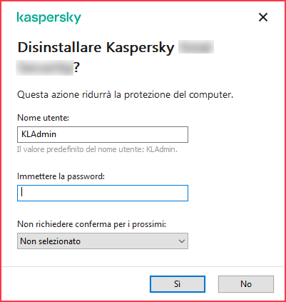Richiesta della password durante la disinstallazione di un prodotto Kaspersky