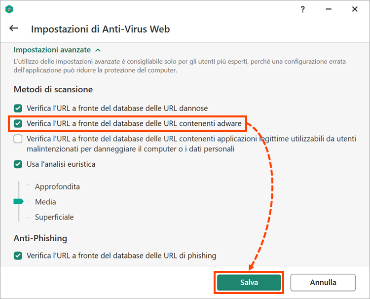 Impostazioni di Anti-Virus Web in un'applicazione Kaspersky