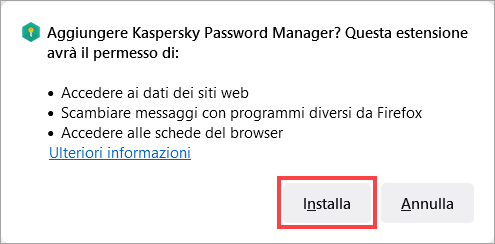 Aggiunta dell'estensione Kaspersky Password Manager a Firefox.
