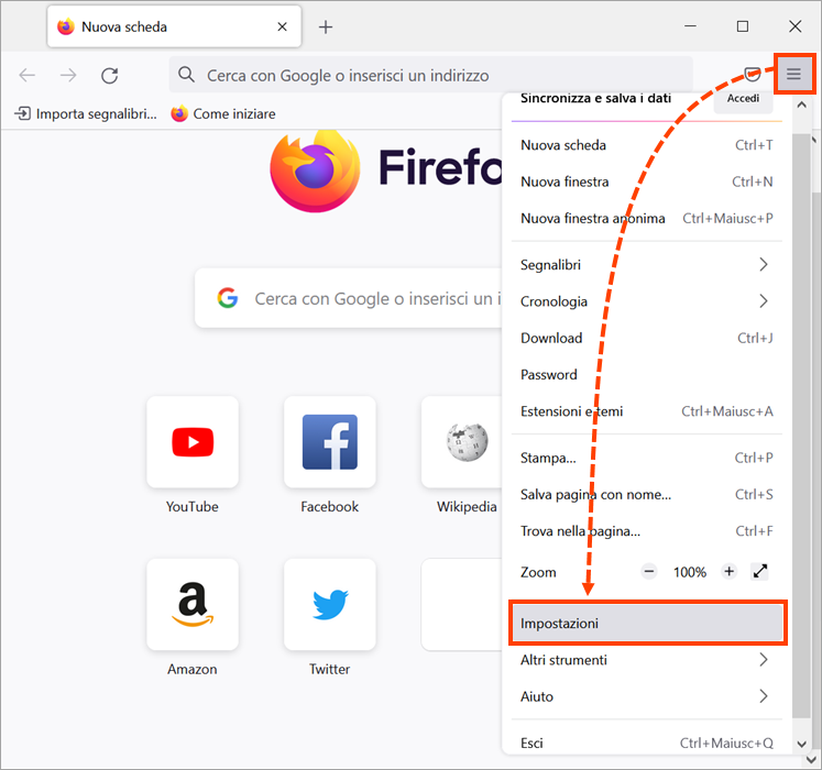 Apertura delle impostazioni di Mozilla Firefox