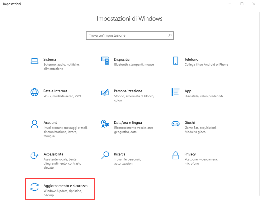 Apertura delle impostazioni "Aggiornamento e sicurezza" in Windows 10.