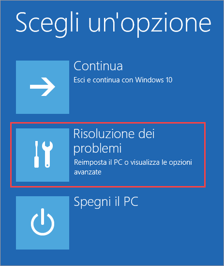 Apertura delle impostazioni di risoluzione dei problemi in Windows 10.