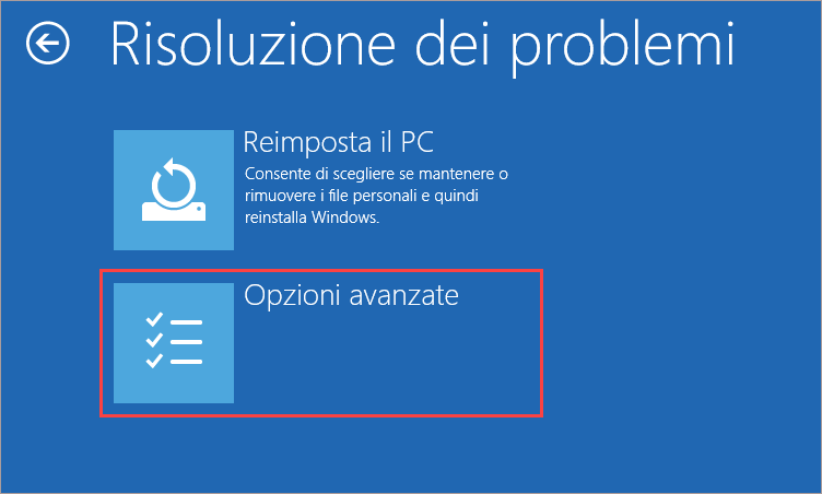 Apertura delle opzioni avanzate di avvio di Windows 10.