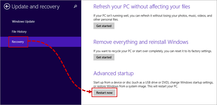 Riavvio del PC per abilitare la modalità provvisoria in Windows 8 e 8.1.