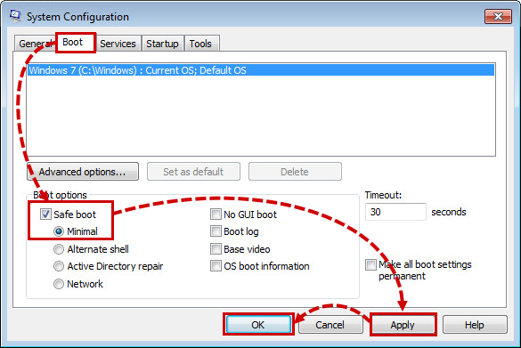 Configurazione delle impostazioni di avvio del PC in Windows Vista o Windows 7.