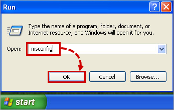 Immissione del comando msconfig in Windows XP.