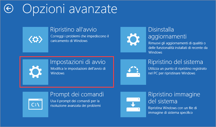 Apertura delle impostazioni di avvio di Windows 10.