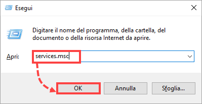 Apertura dei servizi in Windows 10