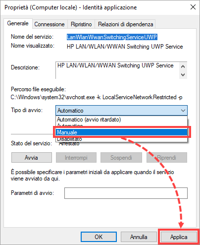 Regolazione del tipo di avvio del servizio HP LAN/WLAN/WWAN Switching UWP