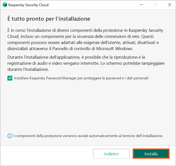 Leggi l'avviso e avvia l'installazione di Kaspersky Security Cloud