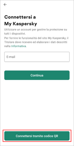 Connessione di Kaspersky Secure Connection for Android a My Kaspersky tramite codice QR