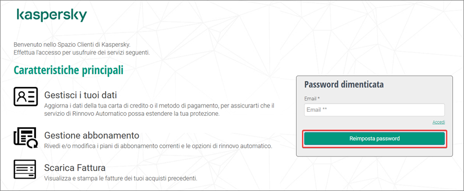 Reimpostazione della password per l'account Nexway Customer.