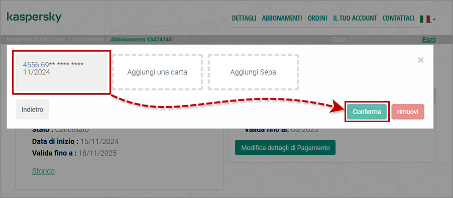 Convalida della carta di credito.