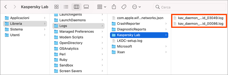 Cartella con i file di traccia di Kaspersky Internet Security for Mac