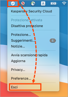 Menu di Kaspersky Secure Connection for Mac nella barra dei menu di macos.