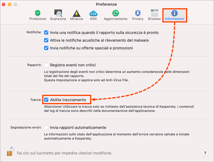 Finestra Preferenze di Kaspersky Security Cloud for Mac con la scheda Informazioni aperta e la casella di controllo Abilita tracciamento selezionata. 