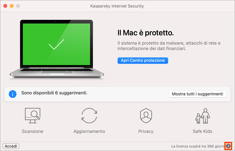 Apertura della finestra delle licenze di Kaspersky Internet Security for Mac