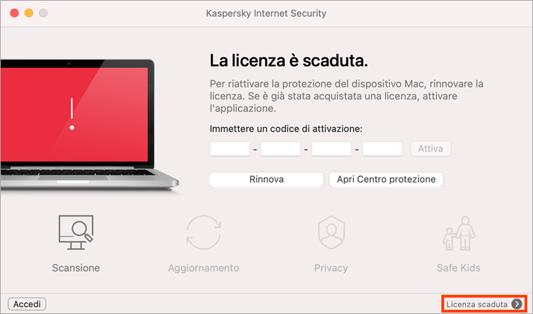 Finestra principale di Kaspersky Internet Security for Mac con una licenza scaduta.