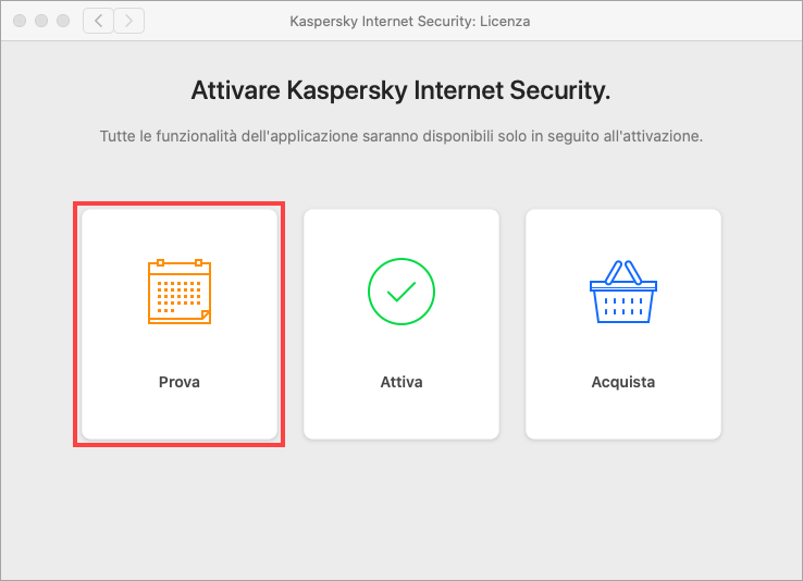 Applicazione della licenza di prova a Kaspersky Internet Security for Mac