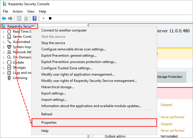 Proprietà del nodo Kaspersky Security 11.x for Windows Server