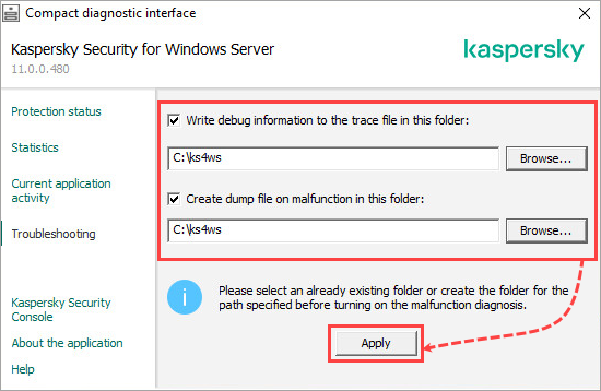 Abilitazione delle tracce in Kaspersky Security 11.x for Windows Server