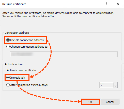 Riemissione di un certificato in Kaspersky Security Center.