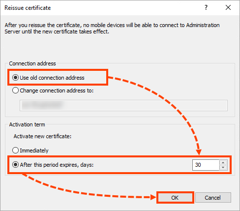 Riemissione di un certificato in Kaspersky Security Center.