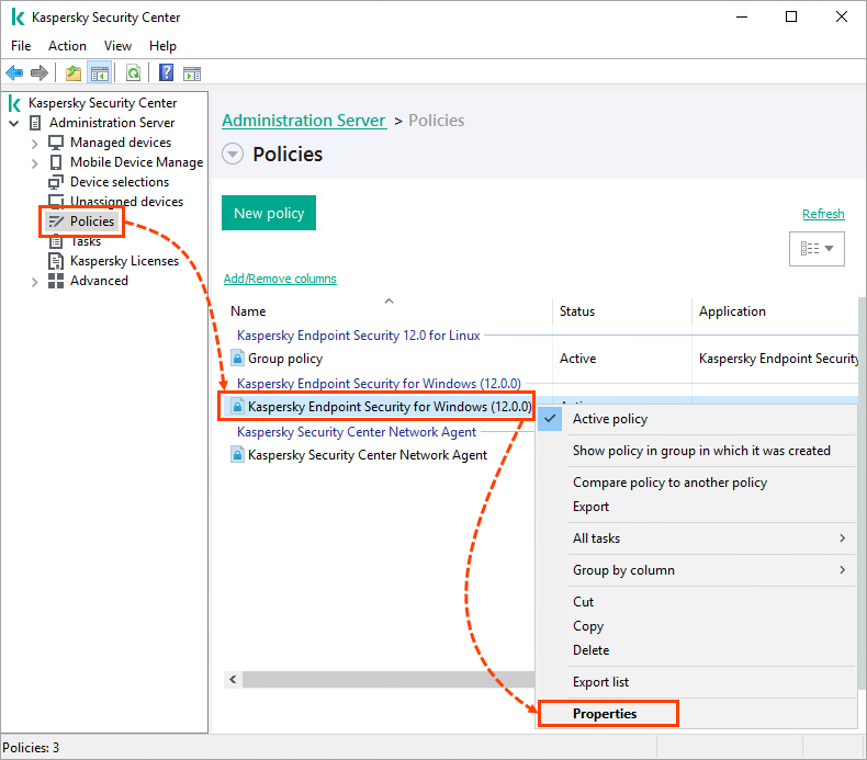 Apertura delle proprietà del criterio di Kaspersky Endpoint Security for Windows.