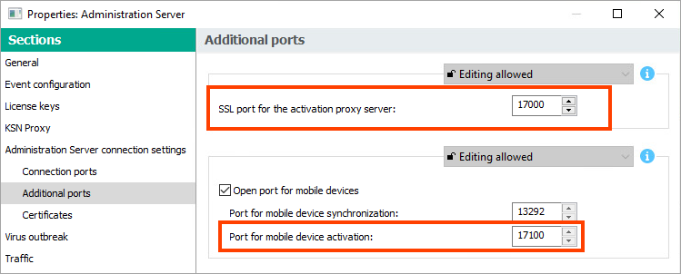 Controllo delle porte di rete utilizzate per il server proxy di attivazione e per l'attivazione del dispositivo mobile.