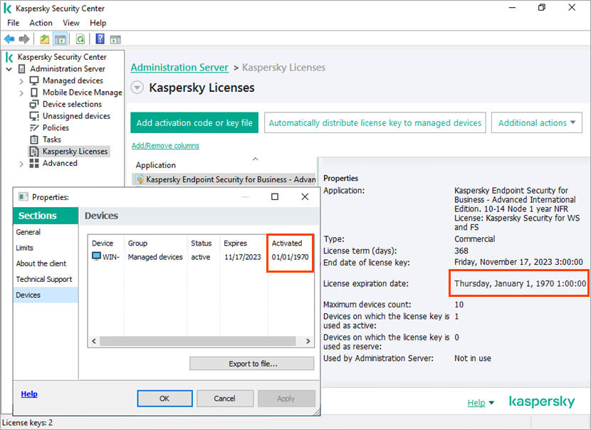 Data di scadenza della licenza errata in Kaspersky Security Center.