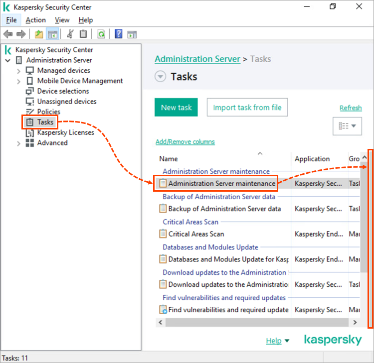 Kaspersky Security Center Administration Console con l'area di visualizzazione dello stato dell'attività nascosta.