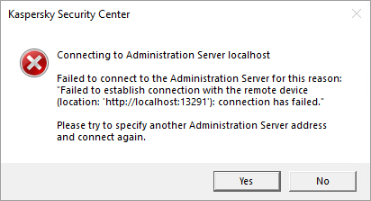 Errore di connessione di MMC a Kaspersky Security Center Administration Server.