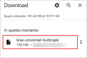 Cartella dei download con il file apk di Kaspersky for Android.