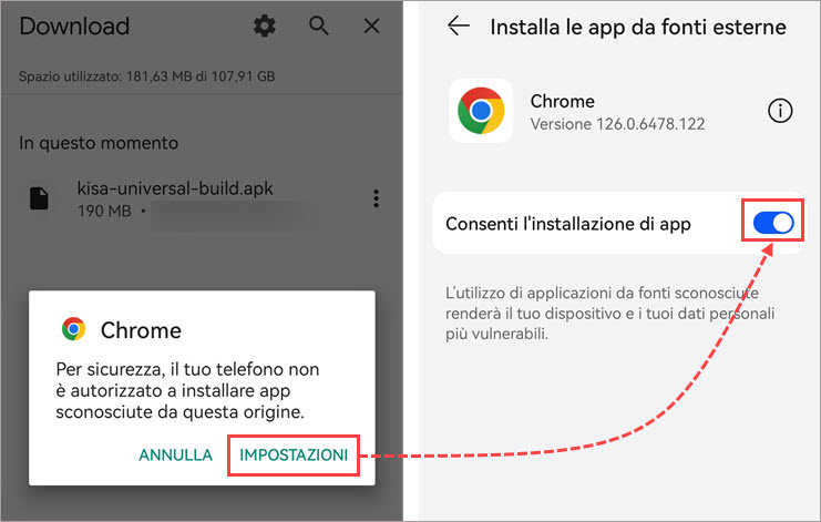 Consentire a Chrome di installare app sconosciute.