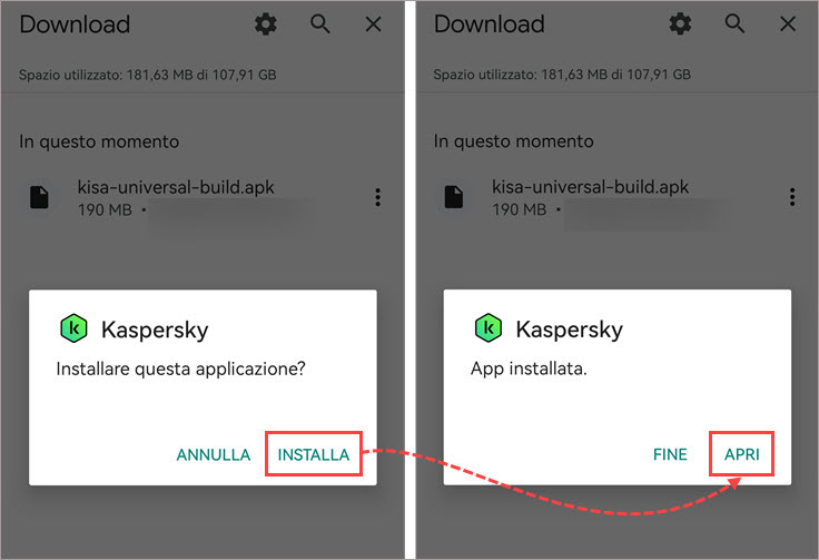 Installazione di Kaspersky for Android.