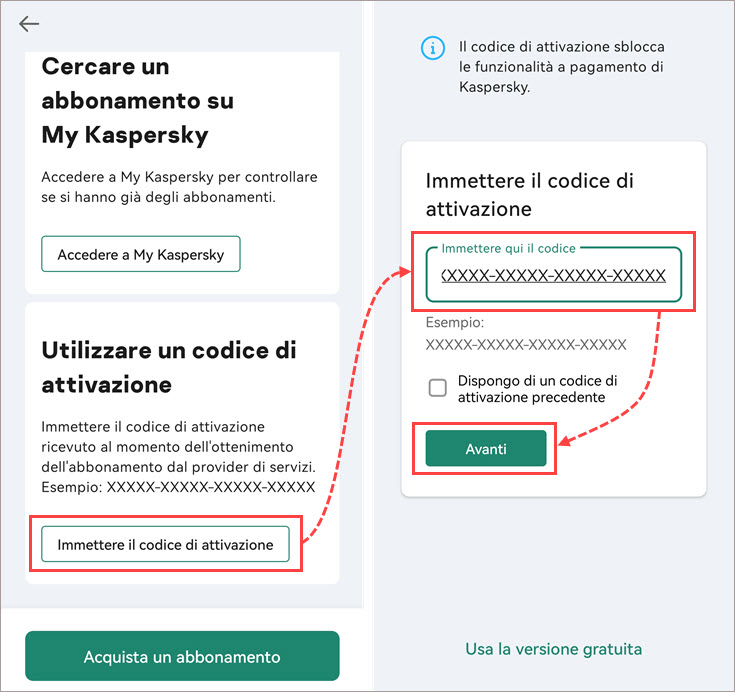 Ripristino dell'abbonamento con un codice di attivazione