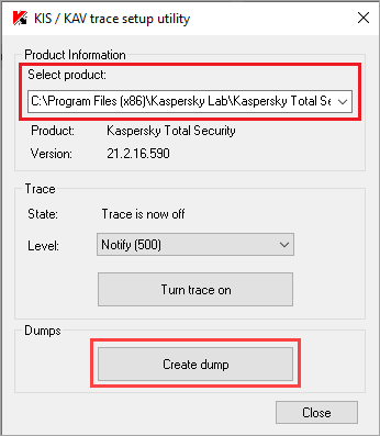 Создание дампа процесса AVP.EXE с помощью утилиты KavLog в Windows 10
